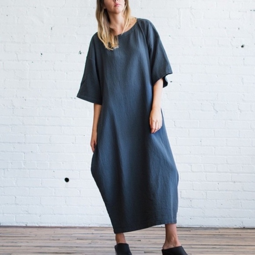 Becasa Linen Midi Dress Slate Blue OS Oversized Minimalist Pockets